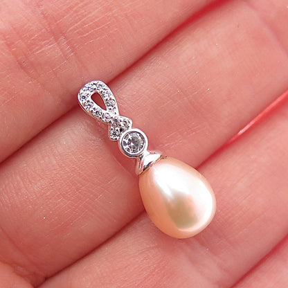925 Sterling Silver Real Pearl & C Z Mini Slide Charm Pendant