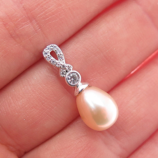 925 Sterling Silver Real Pearl & C Z Mini Slide Charm Pendant