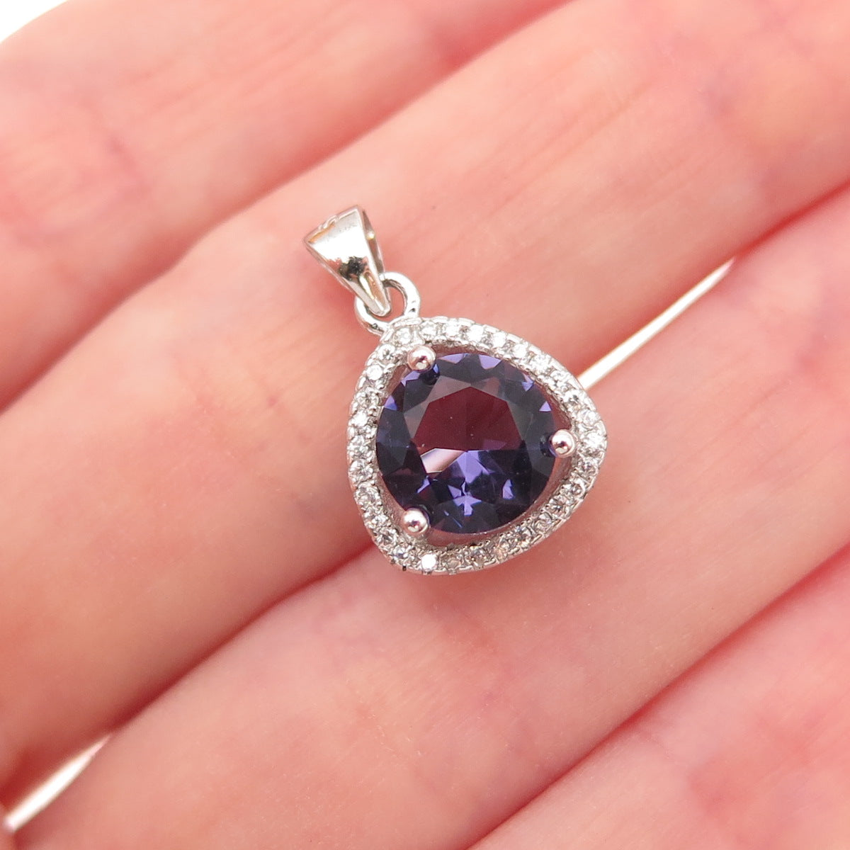 925 Sterling Silver Vintage Real Amethyst & C Z Charm Pendant
