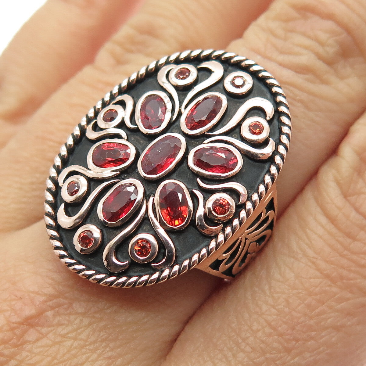 DSMK 925 Sterling Silver Rose Gold Plated Fire Sapphire Statement Ring Size 7.25