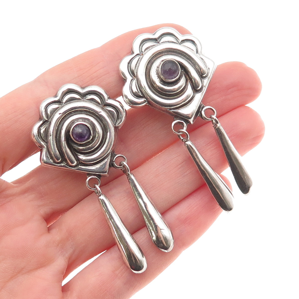 925 Sterling Vintage Mexico Real Amethyst Floral Dangle Screw Back Earrings