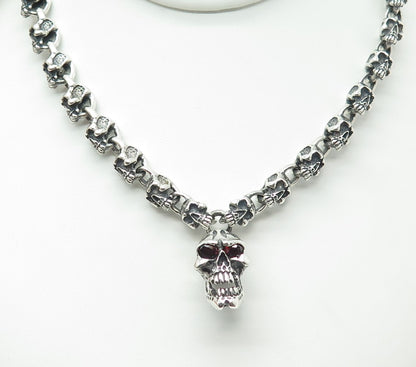 FLY ART 925 Sterling Silver Vintage Red Garnet Skull Chain Oxidized Necklace 22"