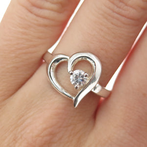 925 Sterling Silver Vintage Round-Cut C Z Heart Ring Size 8