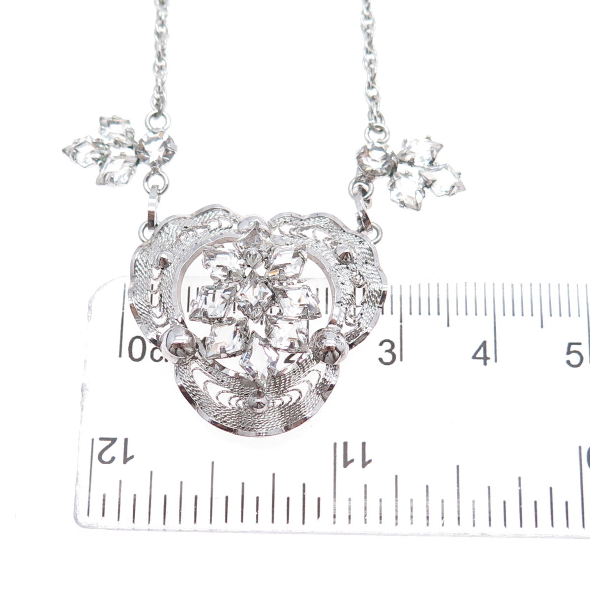 AM LEE 925 Sterling Silver Antique Art Deco Rhinestone Filigree Necklace 16"