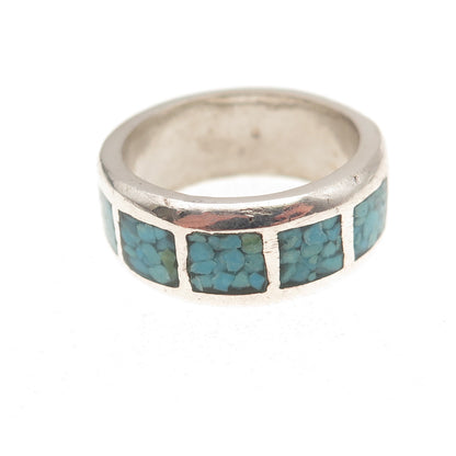 Old Pawn 925 Sterling Silver Vintage Turquoise Inlay Tribal Band Ring Size 7.75
