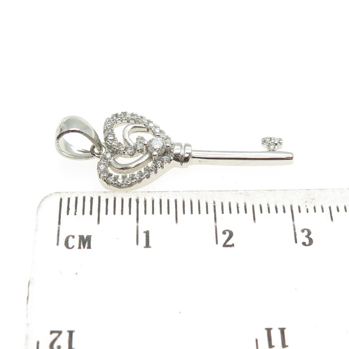 925 Sterling Silver Round-Cut C Z Heart Key Charm Pendant