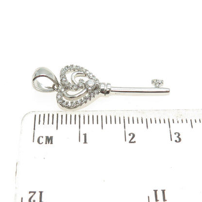 925 Sterling Silver Round-Cut C Z Heart Key Charm Pendant