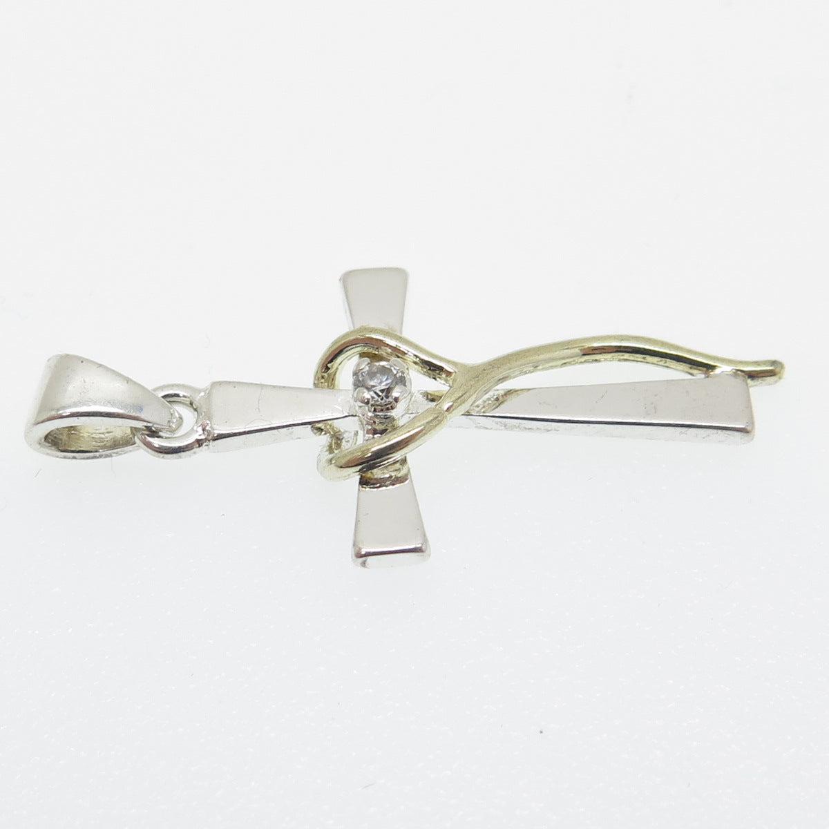 925 Sterling Silver 2-Tone Round-Cut C Z Heart Cross Pendant