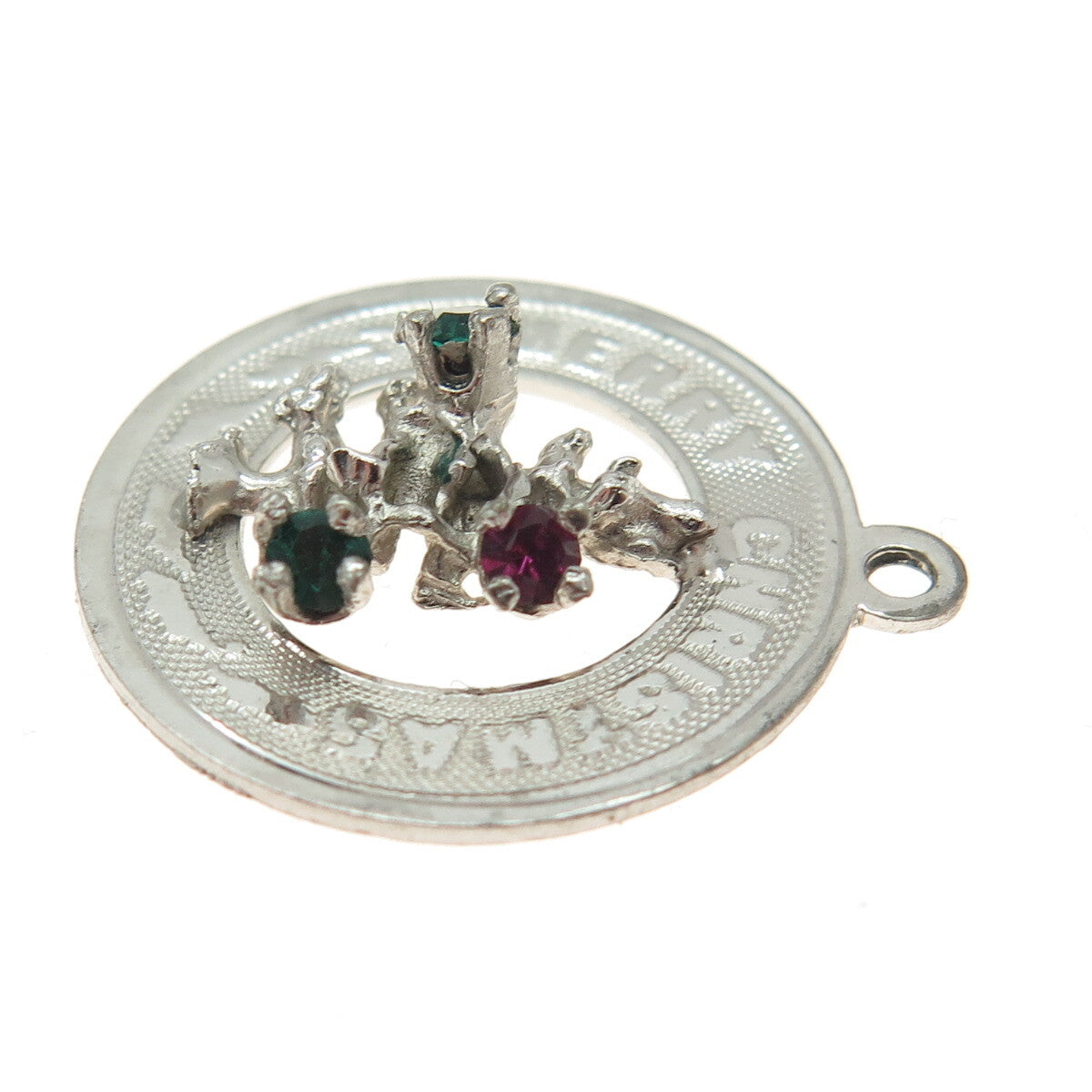 925 Sterling Silver Vintage Ruby & Green Rhinestone "Merry Christmas" Pendant