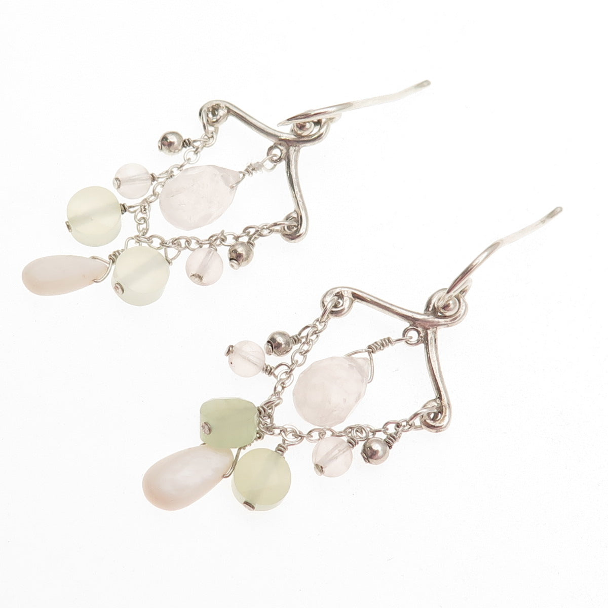 BARSE 925 Sterling Silver Vintage Real MOP Jade & Rose Quartz Dangle Earrings