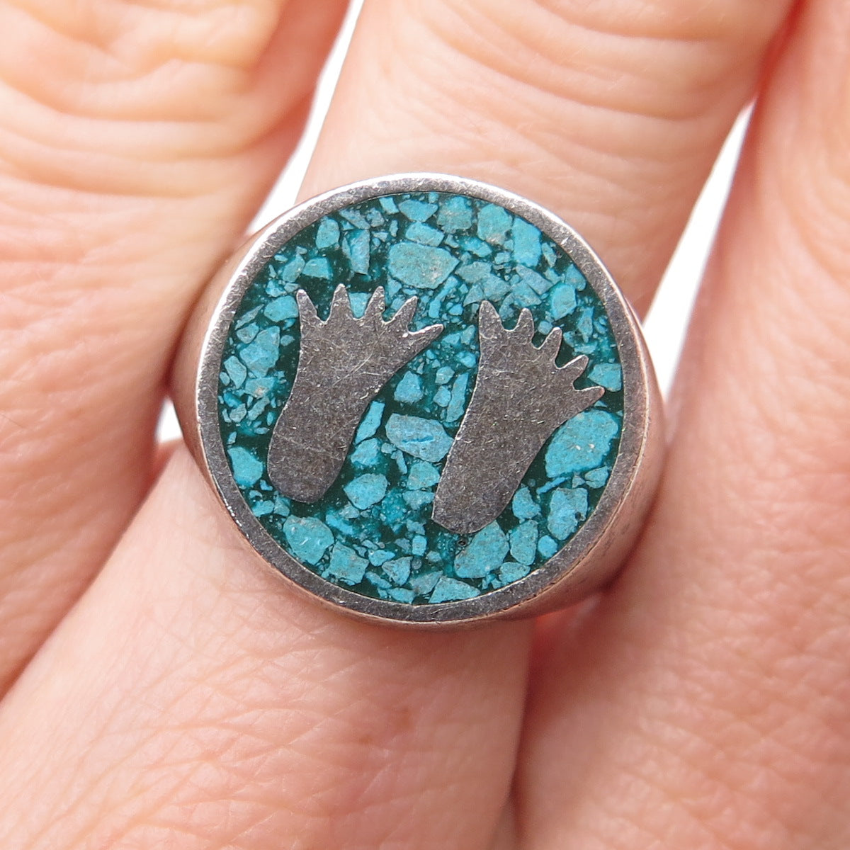 925 Sterling Silver Vintage Real Turquoise Inlay Footprint Ring Size 9.75