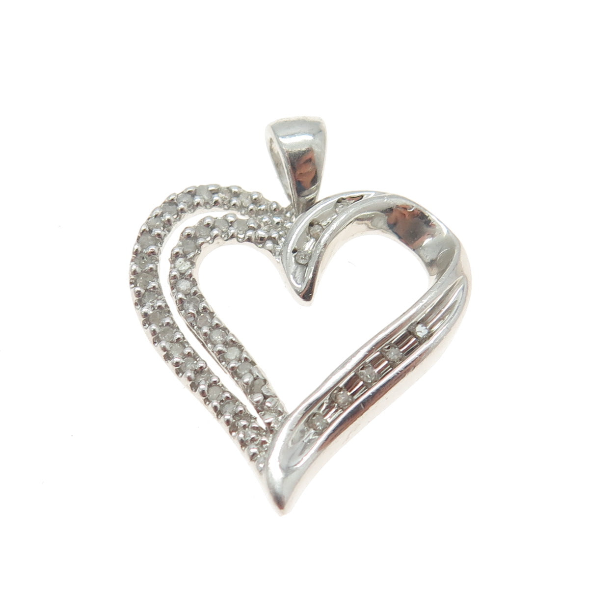 SUN 925 Sterling Silver Real Round-Cut Diamond Open Heart Pendant