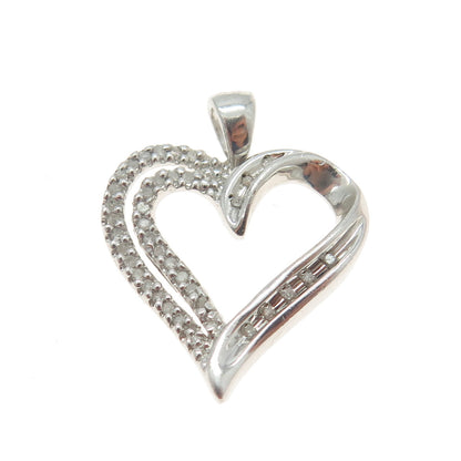SUN 925 Sterling Silver Real Round-Cut Diamond Open Heart Pendant