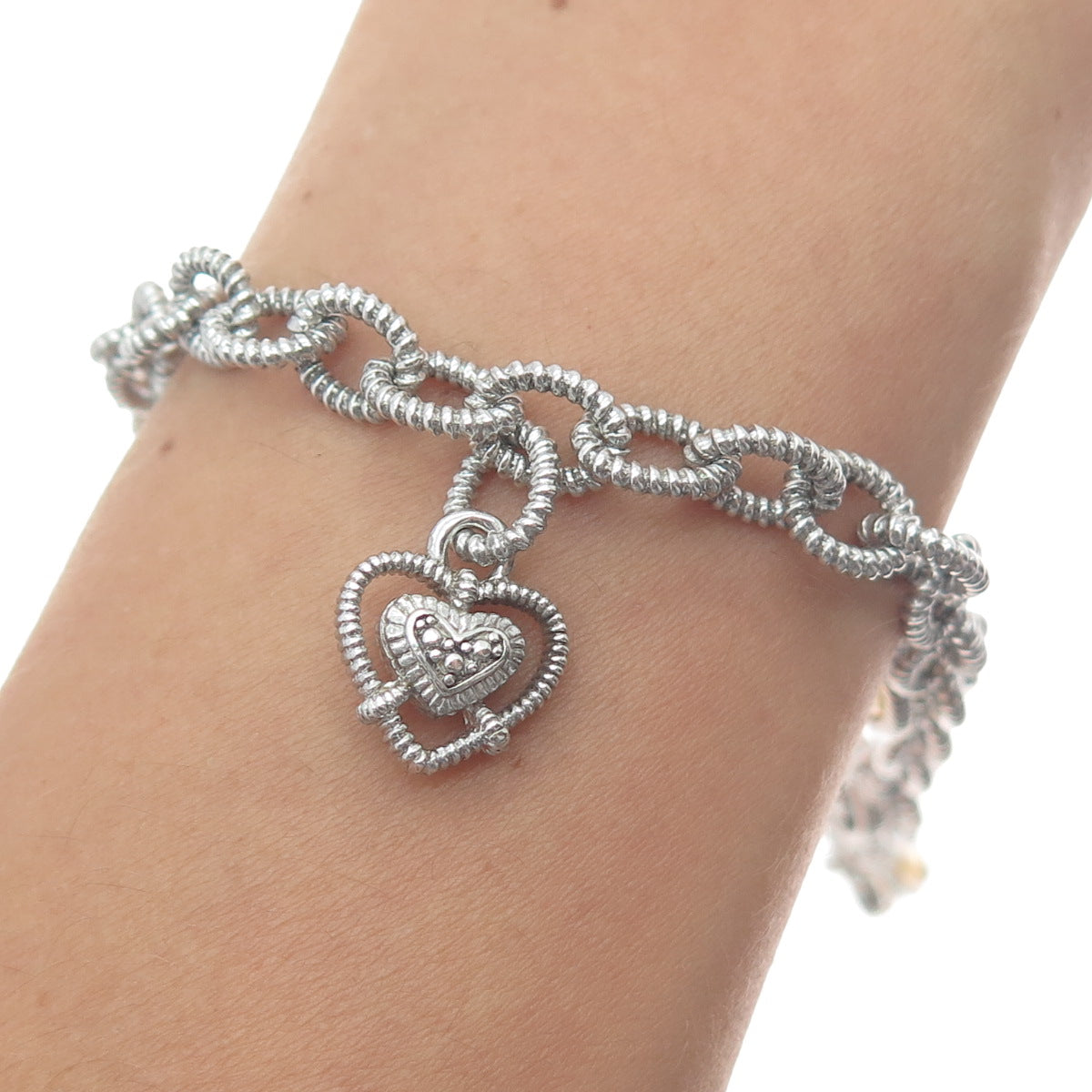JUDITH RIPKA 925 Sterling Silver Canary C Z Heart Dangle Charm Bracelet 7"