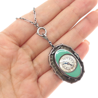 Hallwatch Sterling Antique Enamel Marcasite Swiss 15 Jewels Watch Necklace 24"