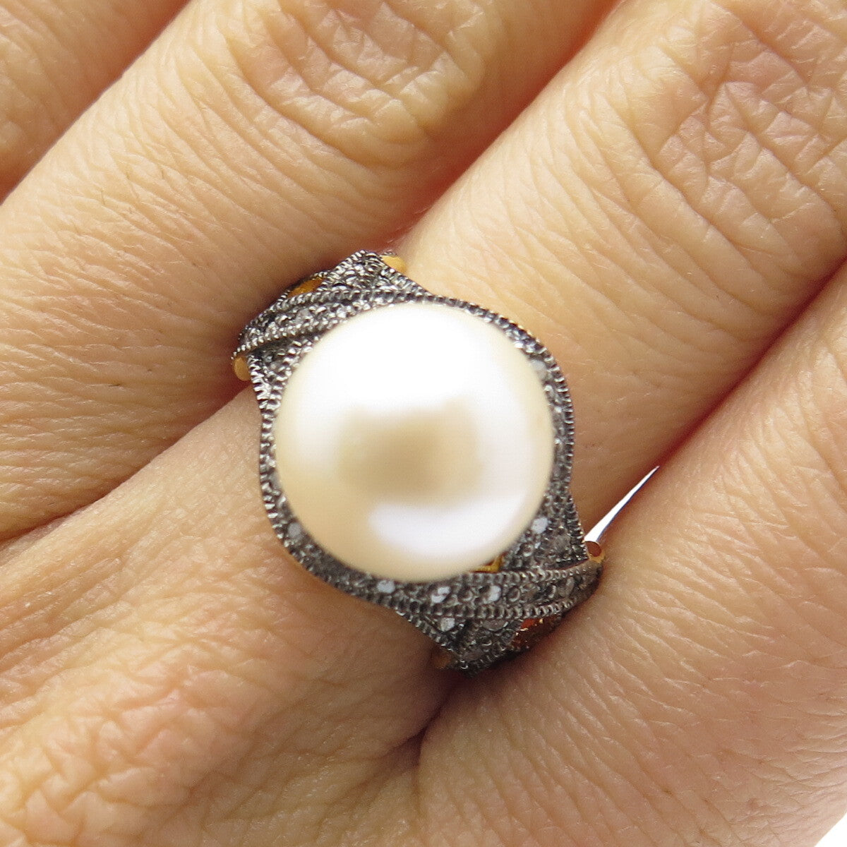 925 Sterling Silver Gold Plated Real Round-Cut Diamond & Pearl Ring Size 8