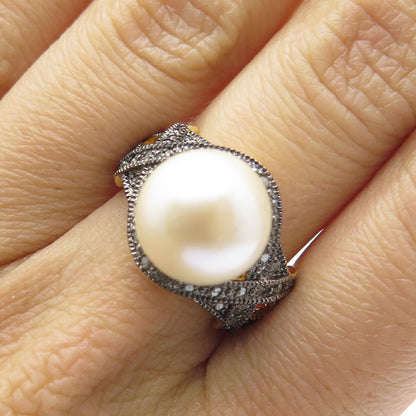925 Sterling Silver Gold Plated Real Round-Cut Diamond & Pearl Ring Size 8