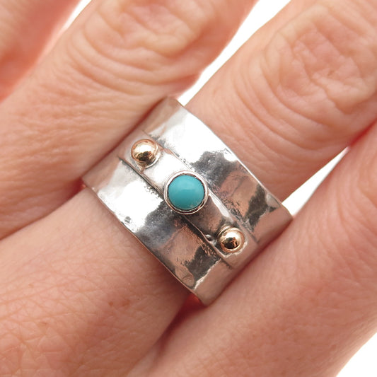 925 Sterling 14K Gold Vintage Real Turquoise Hammered Wide Band Ring Size 9.5