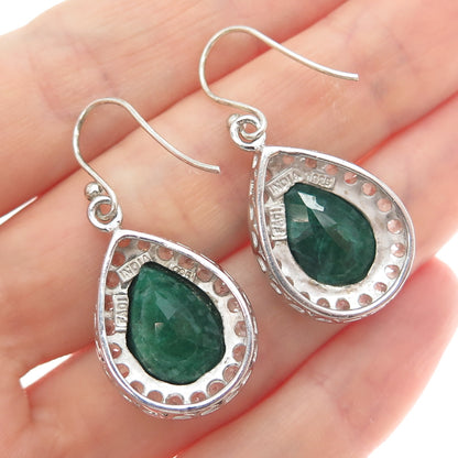 925 Sterling Silver Real Pear-Cut Emerald Round-Cut White Topaz Dangle Earrings