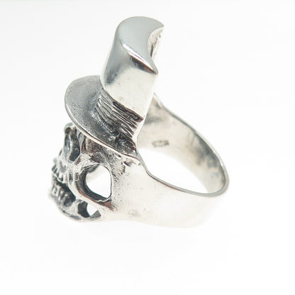 925 Sterling Silver Vintage Skull & Hat Oxidized Biker Ring Size 7.25