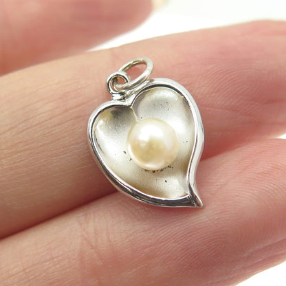 THEDA 925 Sterling Silver Vintage Real Pearl Modernist Heart Pendant