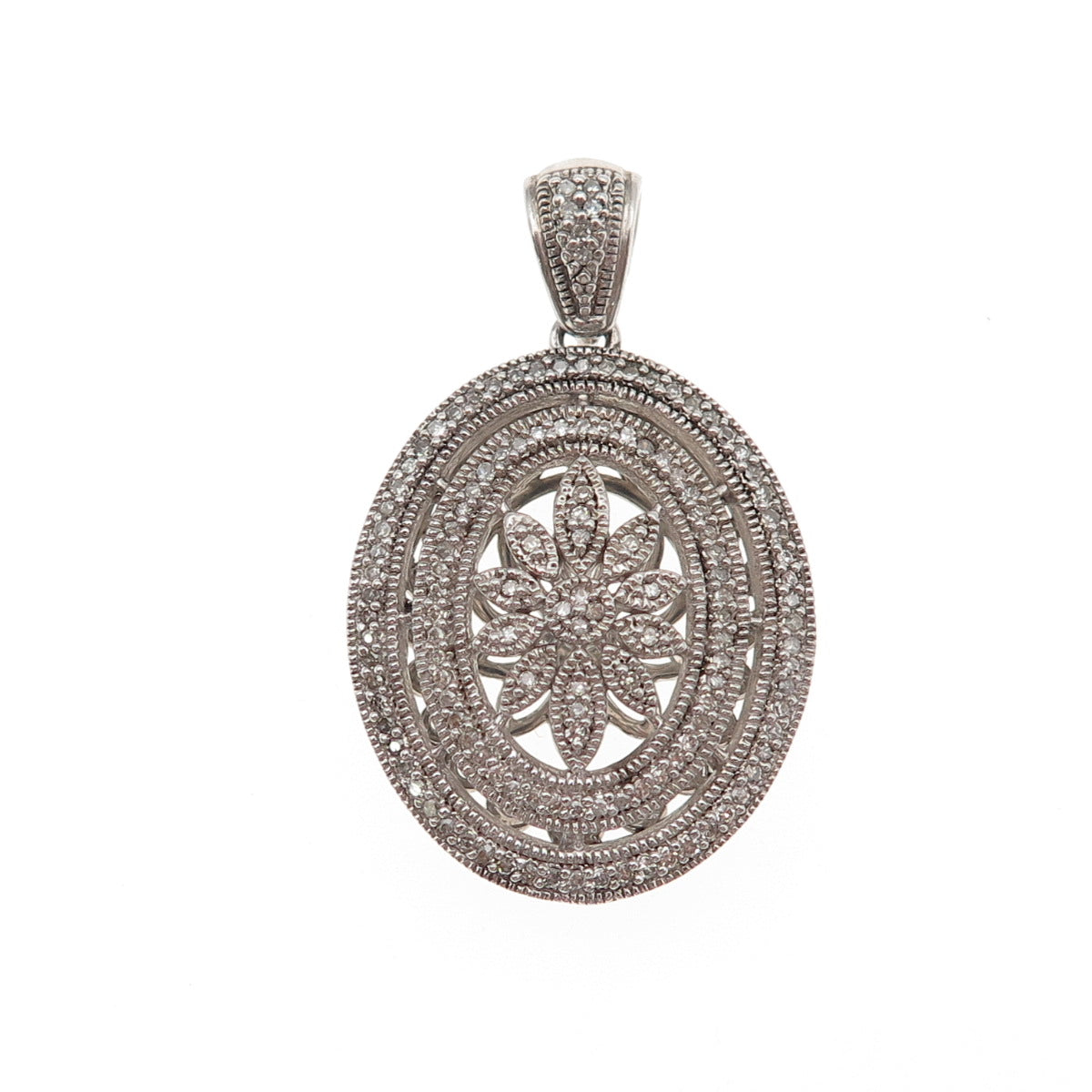 925 Sterling Silver Real Round-Cut Diamond Floral Charm Pendant