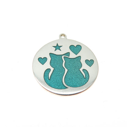 Tokemoti Sterling Silver Turquoise Enamel Cat & Dog Round Tag Minimalist Pendant