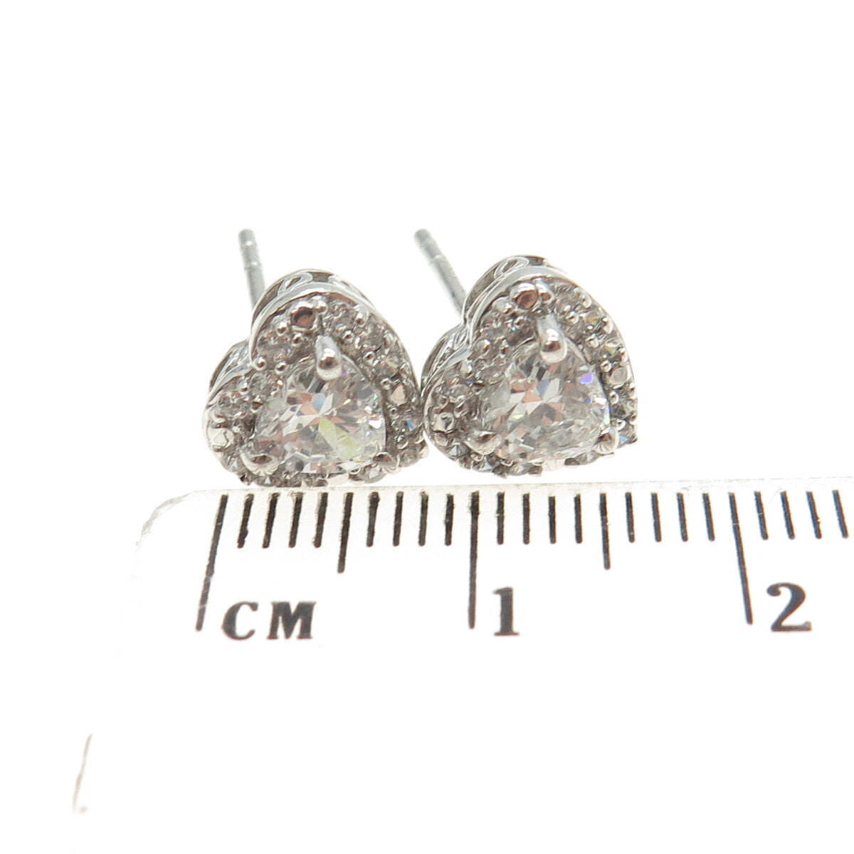 925 Sterling Silver Round-Cut C Z Heart Stud Earrings