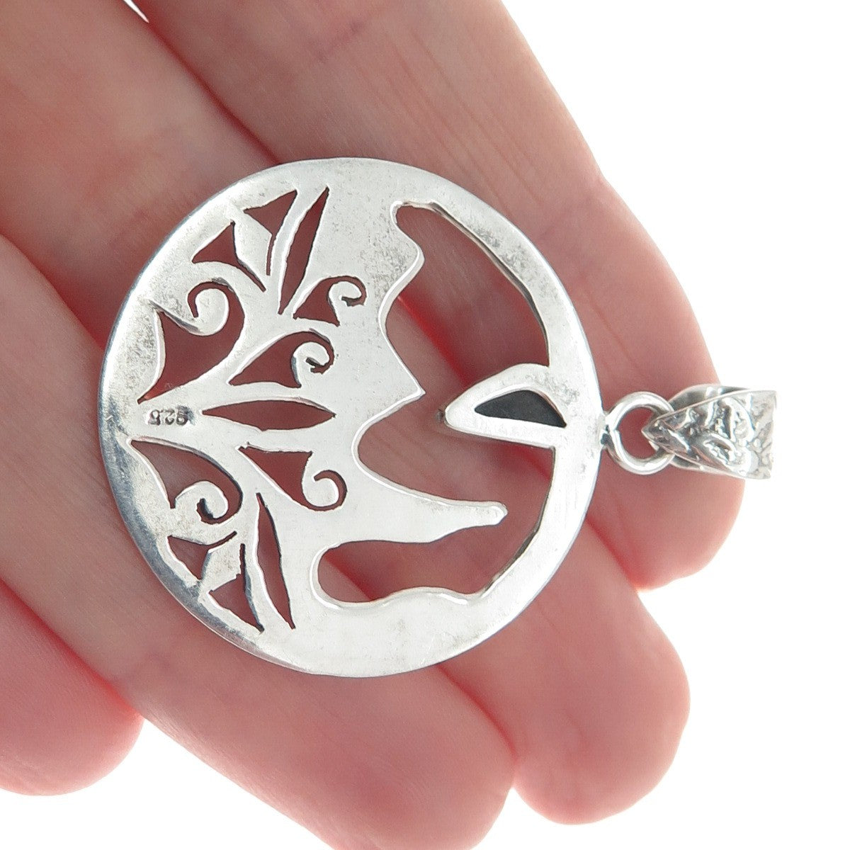 925 Sterling Silver Vintage Real Abalone Shell Lace / Ornate Round Pendant
