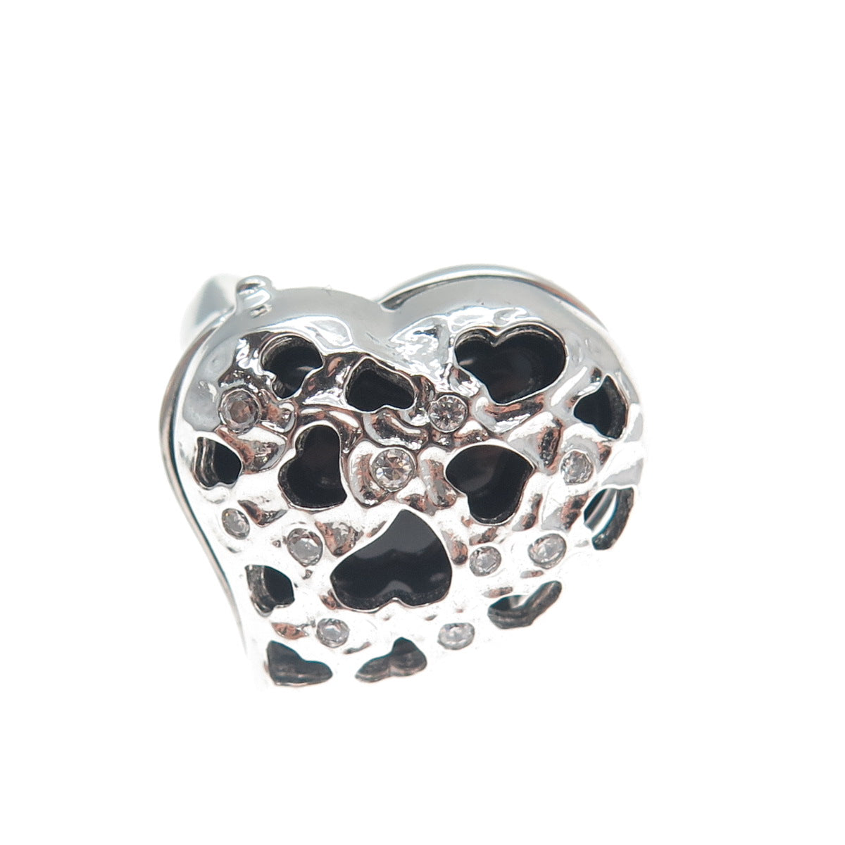 925 Sterling Silver Real Black Onyx Gem & C Z Heart Cutout Locket Ring Size 7