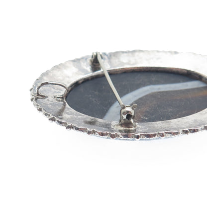 BETHLEHEM H. J. A. 935 Silver Vintage Real Agate Filigree Oxidized Pin Brooch