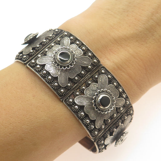 925 Sterling Silver Antique Black Onyx Cannetille Panel Oxidized Bracelet 6.5"