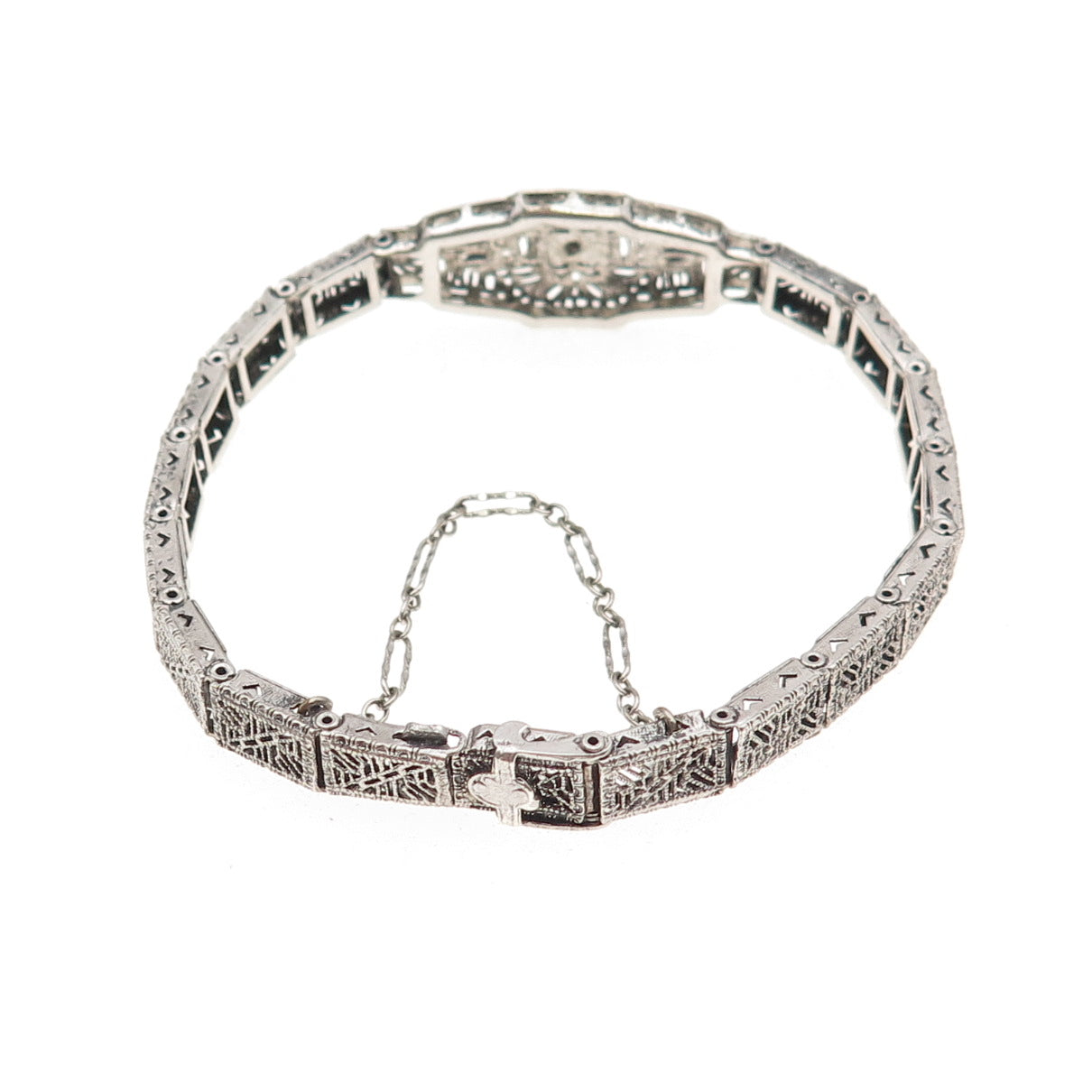925 Sterling Antique Art Deco Real Diamond & Rhinestone Filigree Bracelet 6.5"