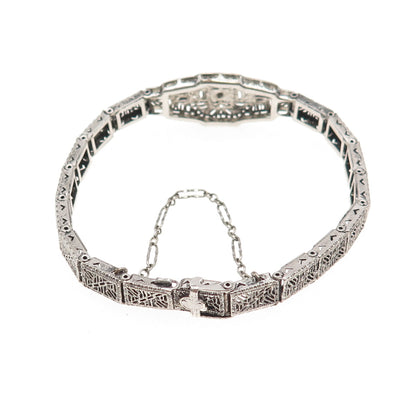 925 Sterling Antique Art Deco Real Diamond & Rhinestone Filigree Bracelet 6.5"