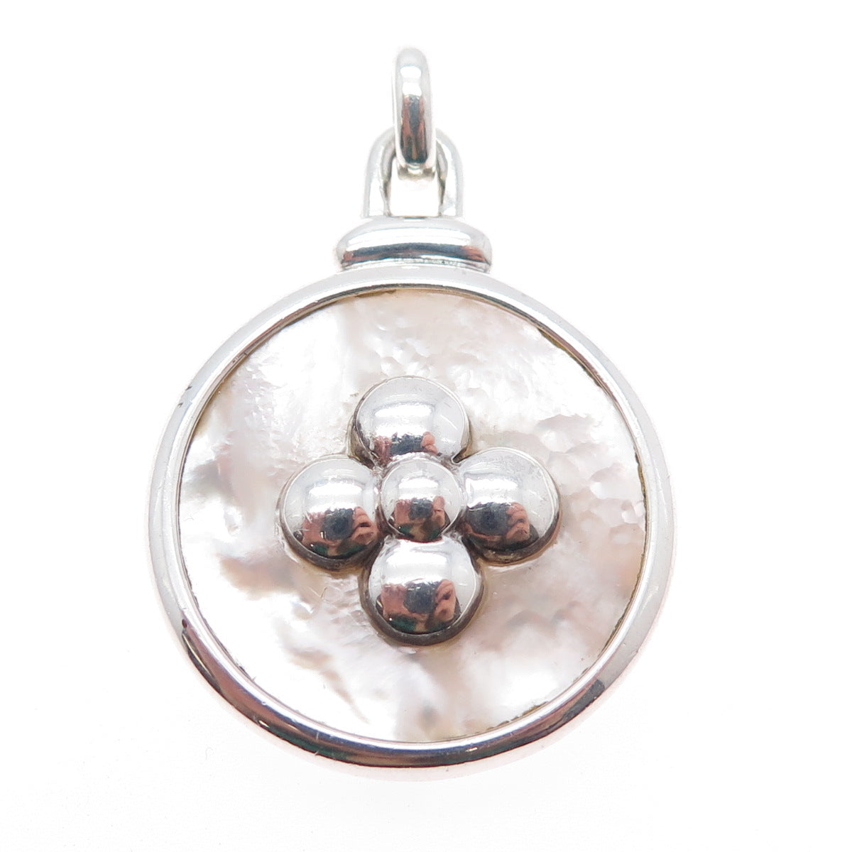 925 Sterling Silver Vintage Real MOP Flower Modernist Disc Pendant