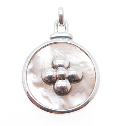 925 Sterling Silver Vintage Real MOP Flower Modernist Disc Pendant