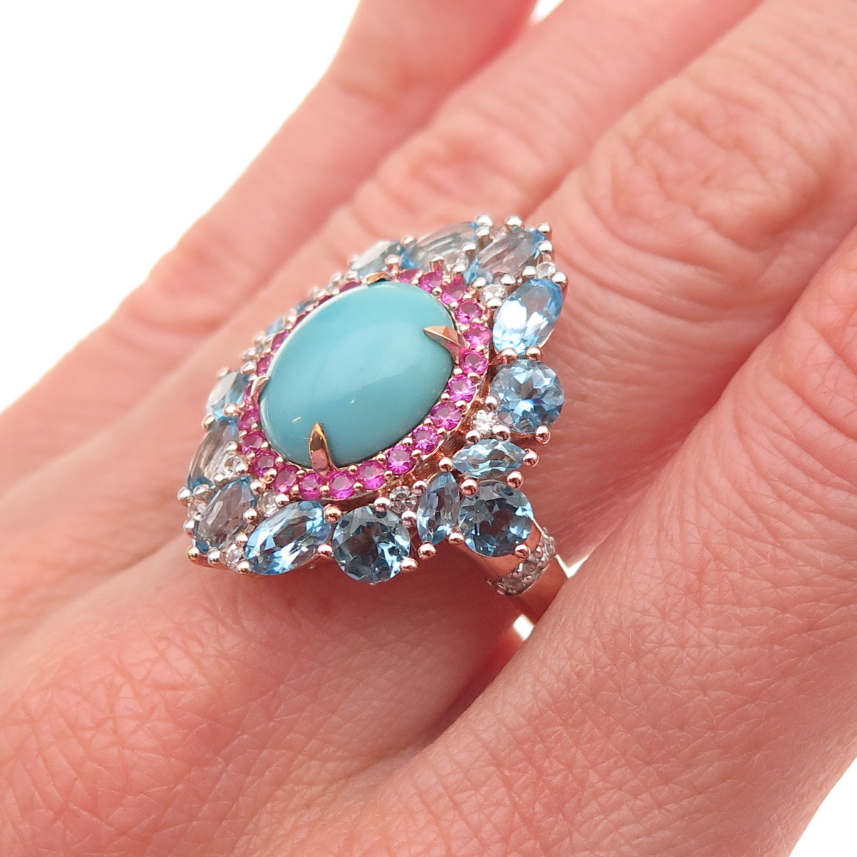 925 Sterling Gold Plated Real Turquoise Ruby Blue & White Topaz Ring Size 8.25