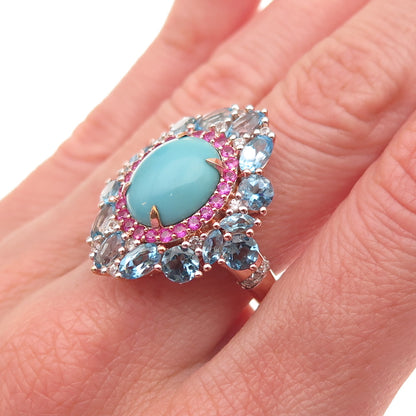 925 Sterling Gold Plated Real Turquoise Ruby Blue & White Topaz Ring Size 8.25