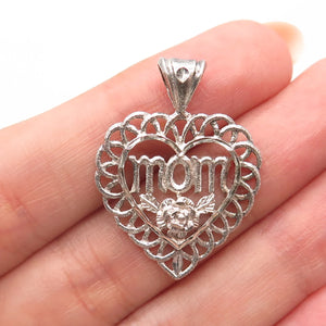 925 Sterling Silver Vintage "MOM" Floral Heart Pendant