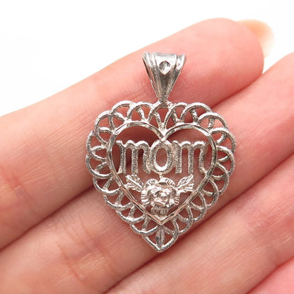 925 Sterling Silver Vintage "MOM" Floral Heart Pendant