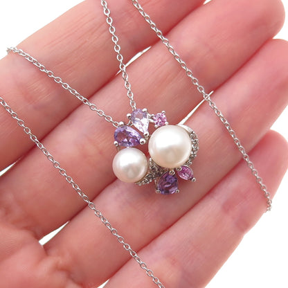 925 Sterling Silver Real Pearl Amethyst Pink & White Topaz Chain Necklace 18"