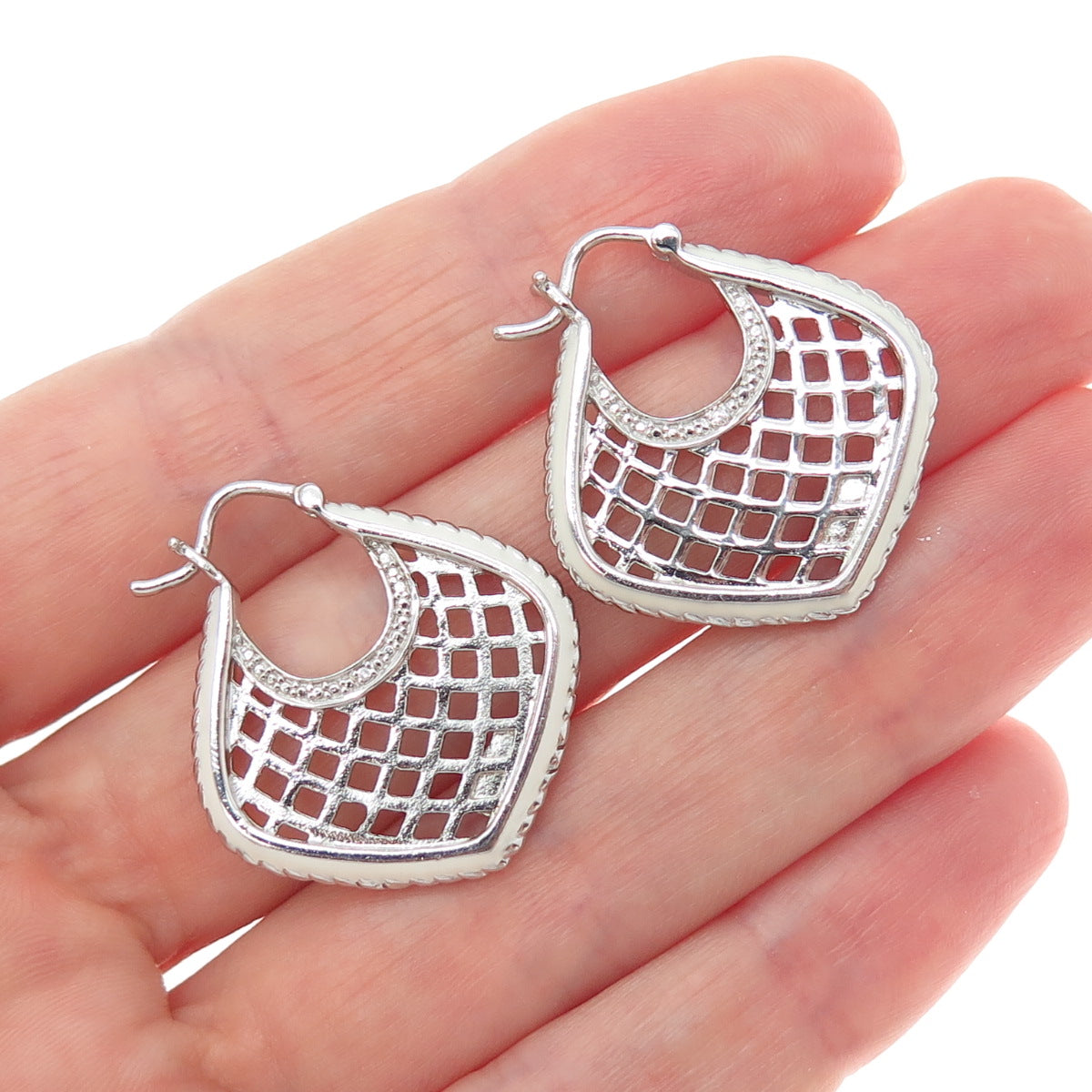 SAI 925 Sterling Silver Enamel Round-Cut C Z Cage Heart Earrings