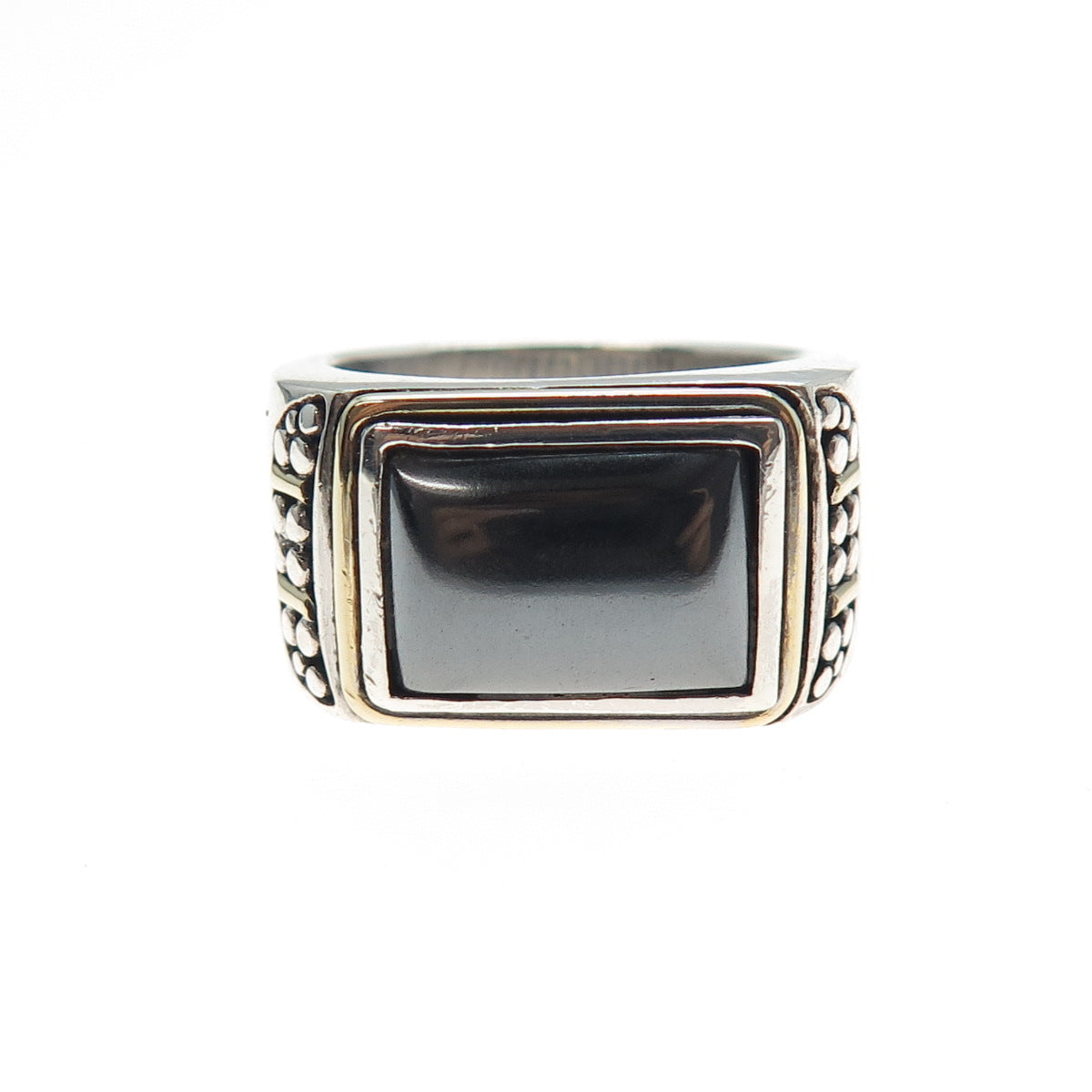 925 Sterling Silver 14K Gold Vintage Real Hematite Granulated Ring Size 7