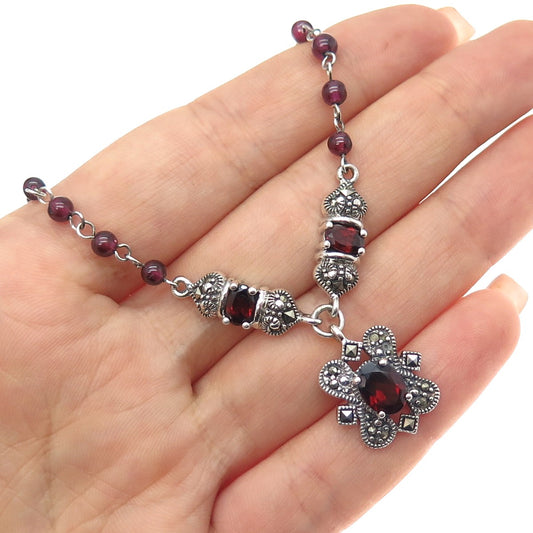 925 Sterling Vintage Garnet Tourmaline Marcasite Necklace 16" (missing 1 stone)