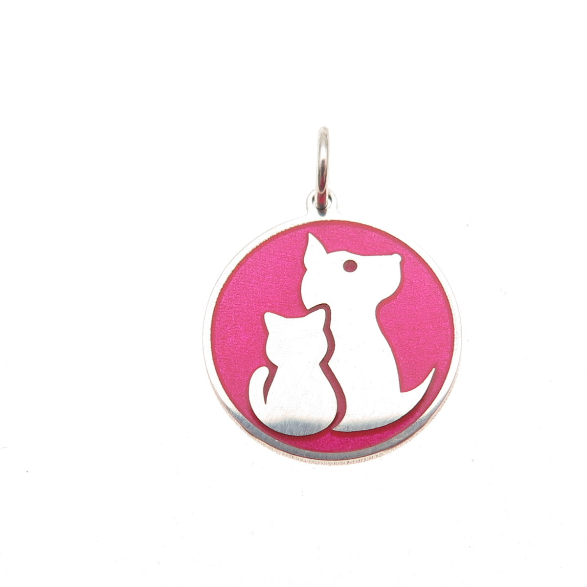 925 Sterling Silver Pink Enamel Dog & Cat Mini Tag Charm Pendant