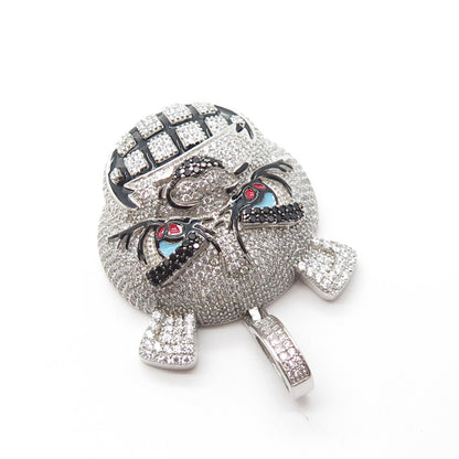 925 Sterling Silver REL Real Black Spinel Gemstone Enamel C Z Cartoon Pendant