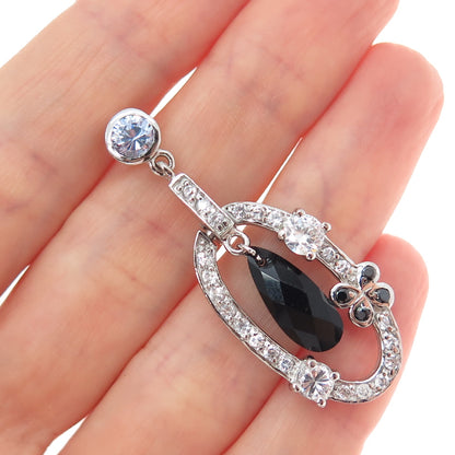925 Sterling Silver Real Black Spinel & C Z Teardrop Butterfly Charm Pendant