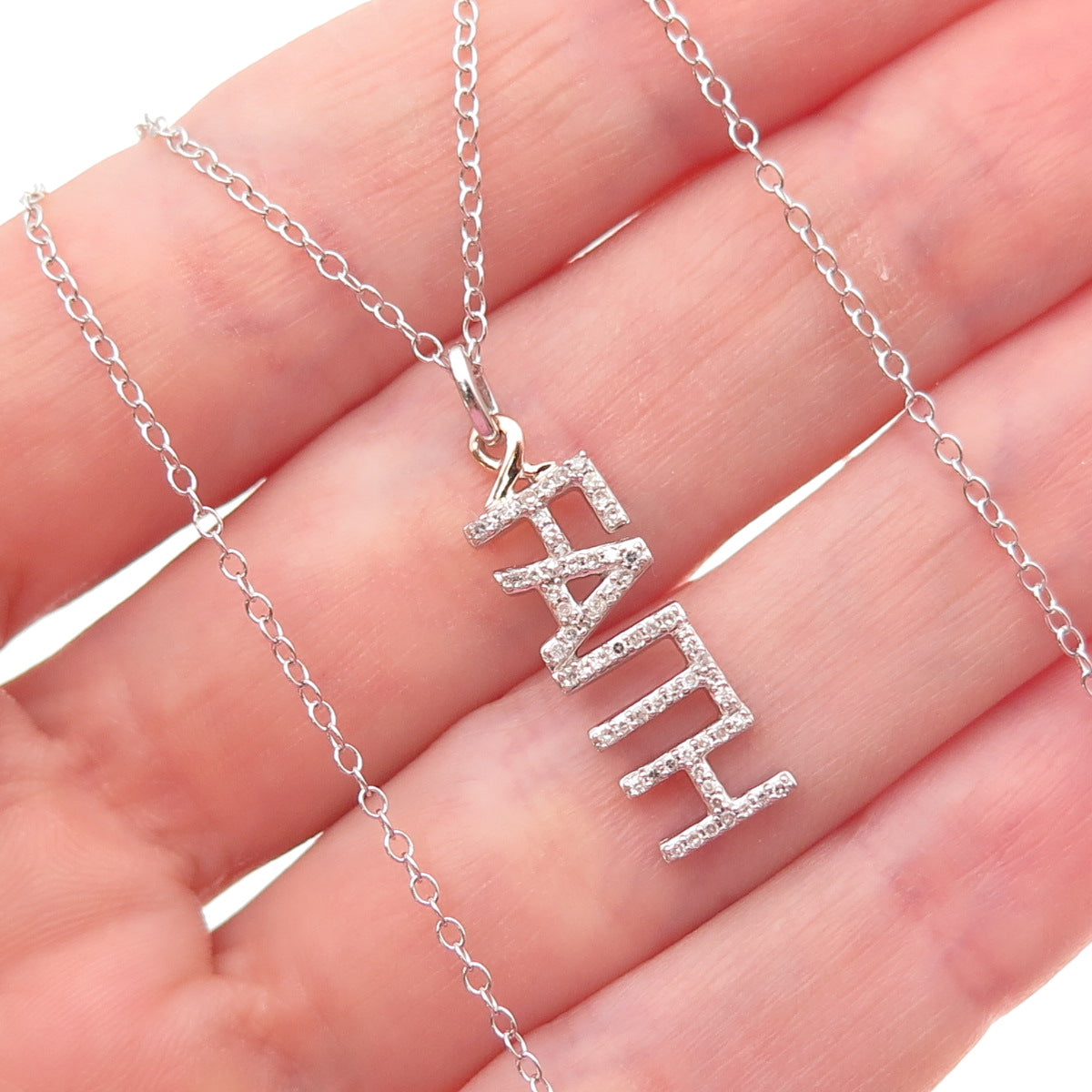 HMK LIC 925 Sterling Silver 10K Gold Real Diamond Faith Cable Chain Necklace 18"