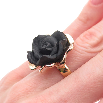 925 Sterling Silver Gold Plated Italy Lavastone Rose Flower Ring Size 5.25