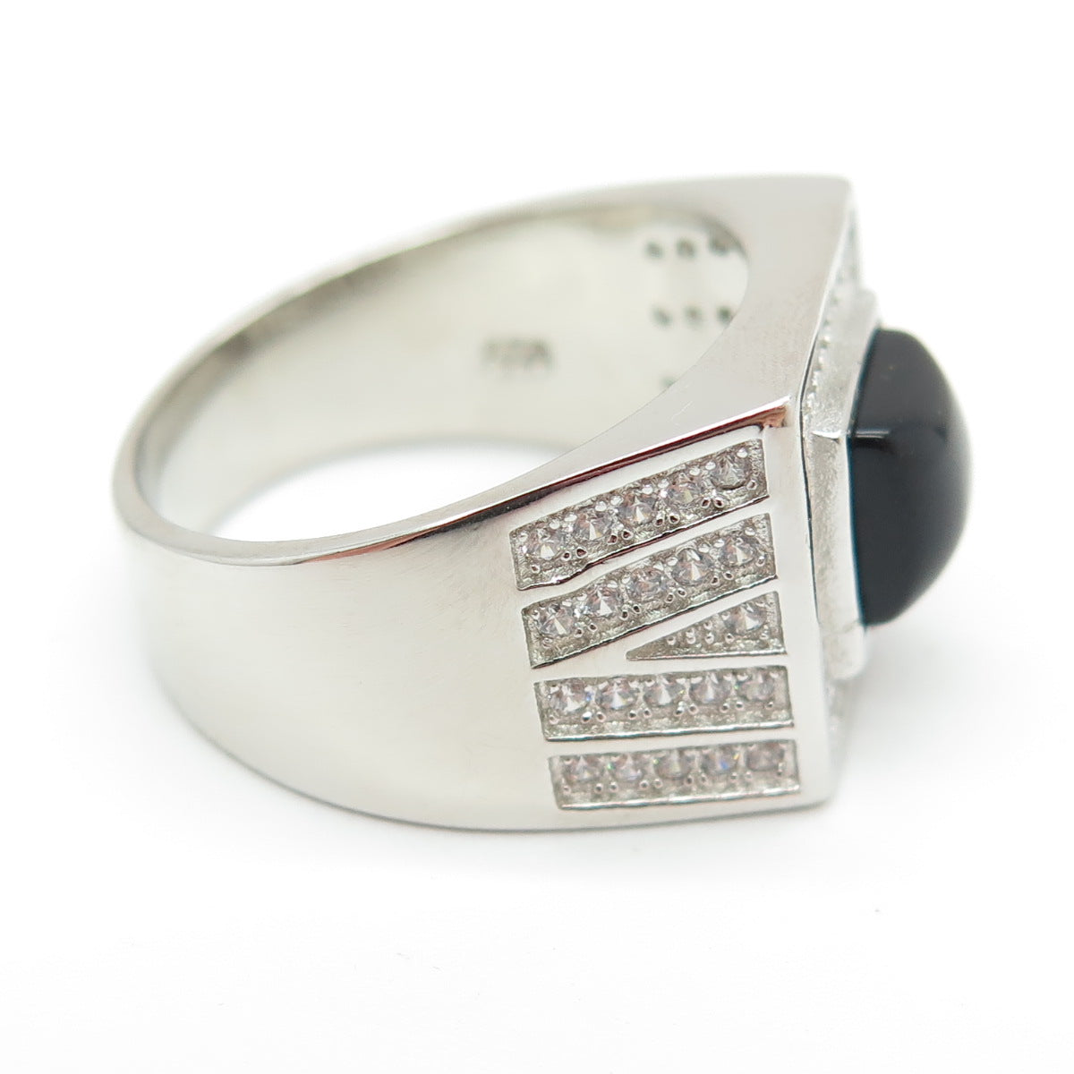 925 Sterling Silver Real Black Onyx & Round-Cut C Z Ring Size 9.25